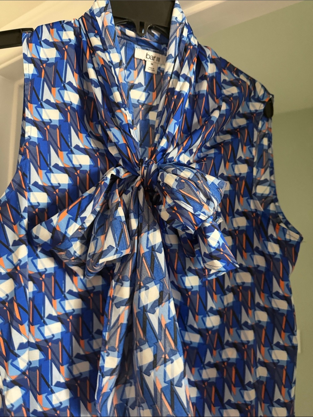Bar III Blue Geometric Draped Sleeveless Cardigan with bow